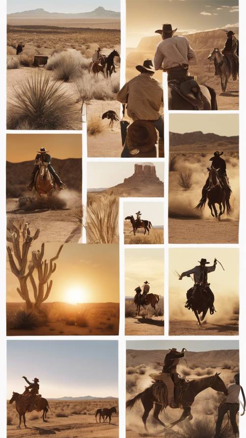 Eine Vintage-Western-Collage, die verschiedene Aspekte des Cowboy-Lebens zeigt, darunter einen Sonnenuntergang über einer Wüste, einen Cowboy, der auf einem bockenden Wildpferd reitet, und ein Steppenläufer, der im Wind reitet.