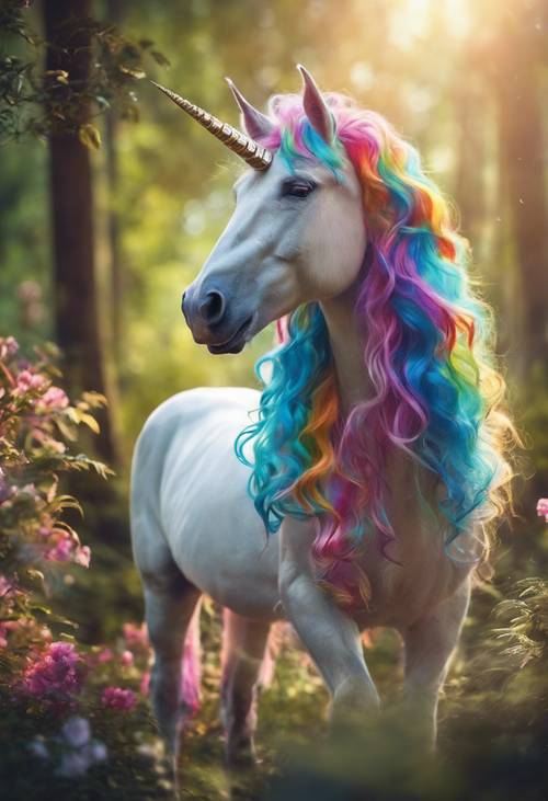 Un unicorno magico con una criniera arcobaleno, che si impenna in una rigogliosa e colorata foresta da favola.