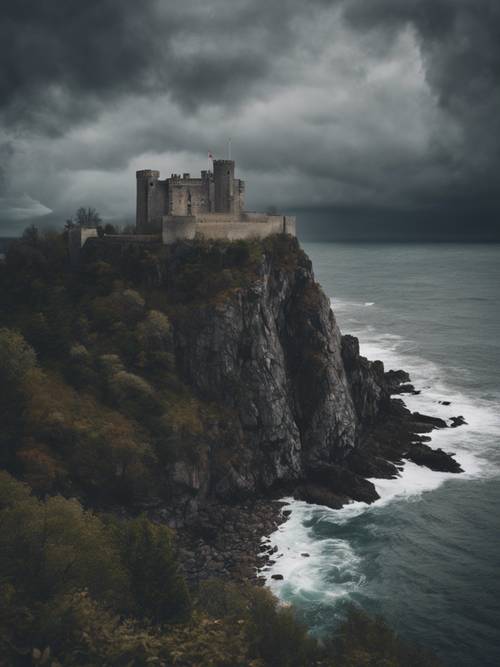 A distant view of a dark, gloomy castle standing high atop a cliff under a grey stormy sky.
