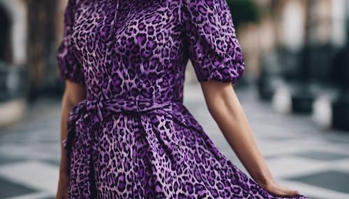 An elegant dress with a bold purple leopard print design.