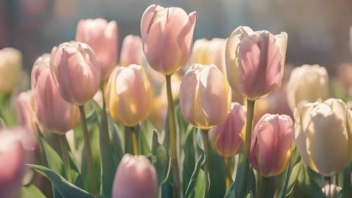 Ein Arrangement pastellfarbener Tulpen, getaucht in sanftes Sonnenlicht.