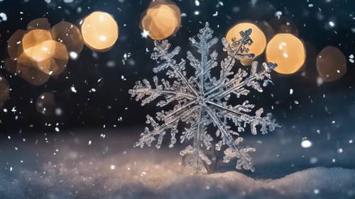 Um único floco de neve caindo contra o céu noturno com &quot;Eu sou único&quot; visível no padrão intrincado.