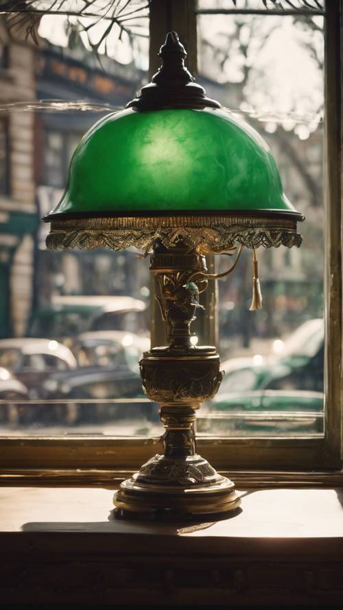 Lampu bergaya Victoria berwarna hijau giok yang penuh hiasan terletak di etalase toko antik.