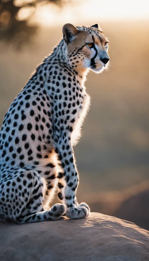 Крупный план величественного синего гепарда, сидящего на вершине скалы во время заката.