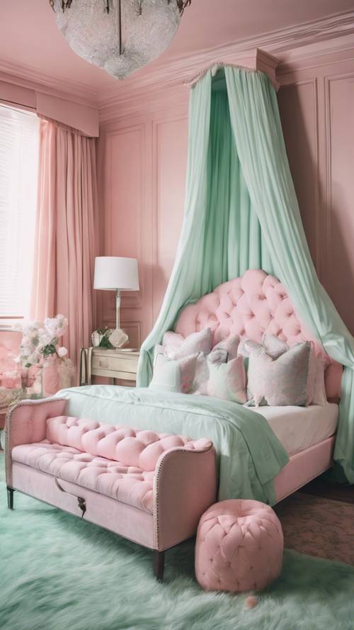A sprawling pink and mint green preppy-style bedroom with a canopy bed and monogrammed pillows.