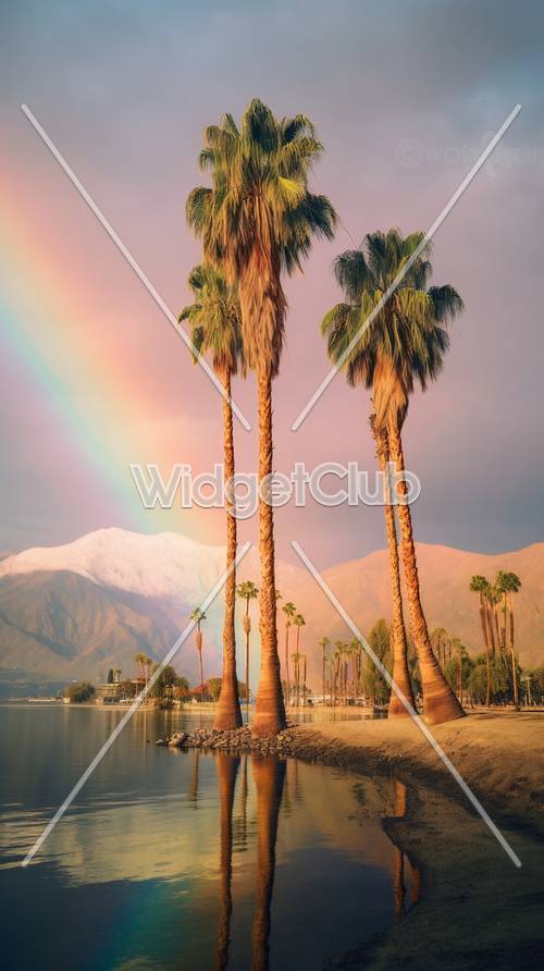 Göl kenarında renkli gün batımı gökyüzü ve palmiye ağaçları