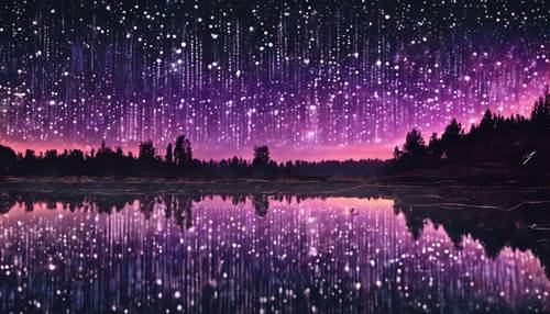 清凉的紫色星空倒映在宁静的湖面上。