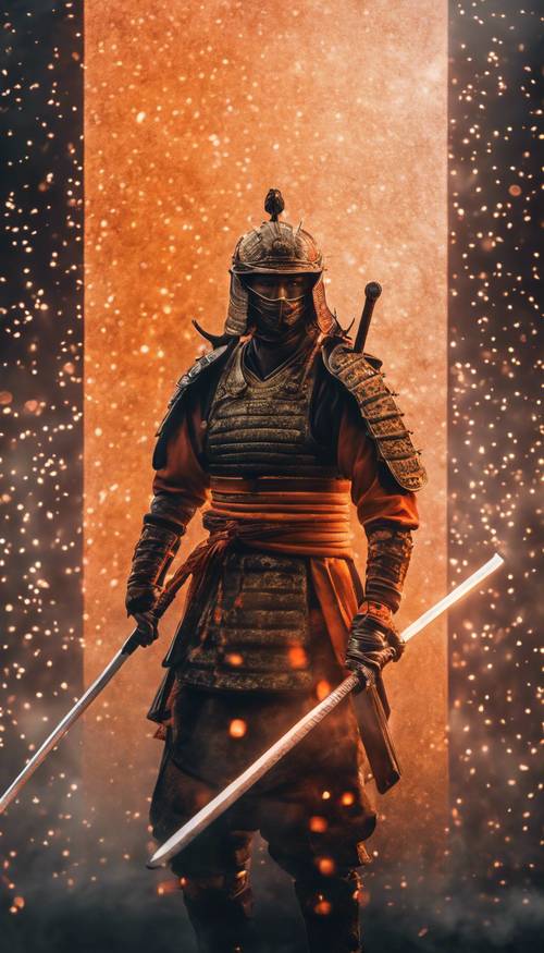 Un feroz guerrero samurái rodeado por un aura naranja.