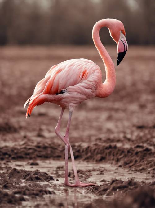 Gambar seekor flamingo merah muda berdiri dengan satu kaki di tanah rawa berwarna coklat berlumpur.