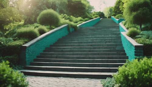 A flight of stairs neatly constructed from teal bricks in a lush green garden. Tapet [615a267512f24f5fba46]