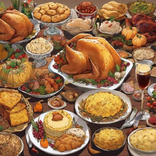 Anime-styled table laden with classic Thanksgiving food: crisp turkey, cornbread, mashed potatoes, and more. Tapeta na zeď [f8bec492920b48038e35]