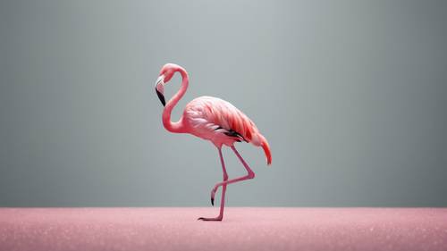 Розовый фламинго в минималистской обстановке, стоящий на одной ноге.