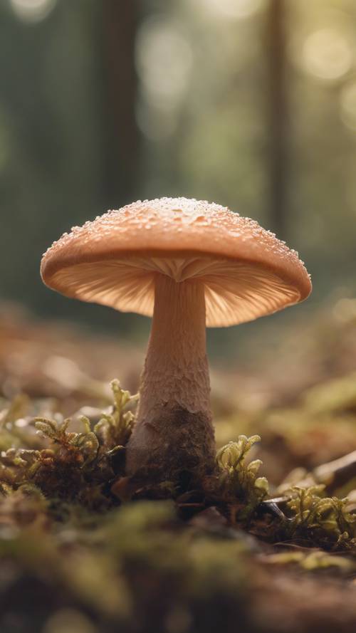 A close-up of a small, cute mushroom, peach color, with soft, sunlit forest scenery in the background.