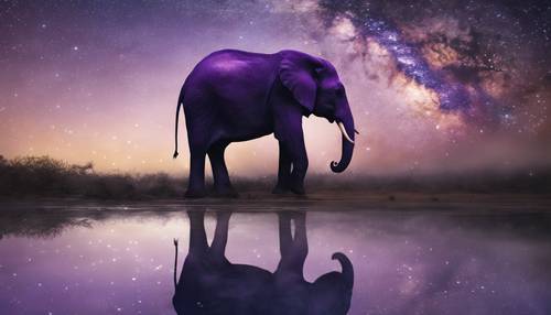 Một con voi màu tím đơn độc, đang ngắm nhìn hình ảnh phản chiếu của nó dưới ánh sao lấp lánh trong một vũng nước tĩnh lặng