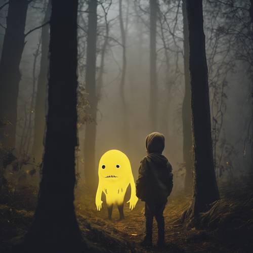 Um menino encontra uma criatura misteriosa e sombria com olhos amarelos brilhantes que se esconde em uma floresta densa durante uma noite de neblina.