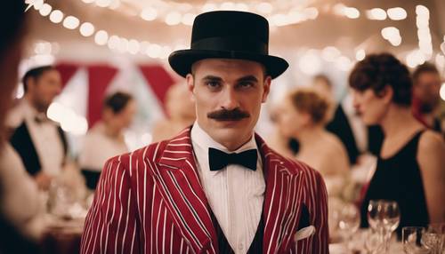 Seorang pria necis mengenakan blazer bergaris merah putih antik, dasi kupu-kupu hitam, dan topi tinggi di pesta bertema tahun 1920-an.
