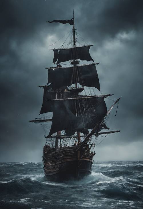 A ghostly pirate ship sailing on a vast, black turbulent ocean amidst a storm.