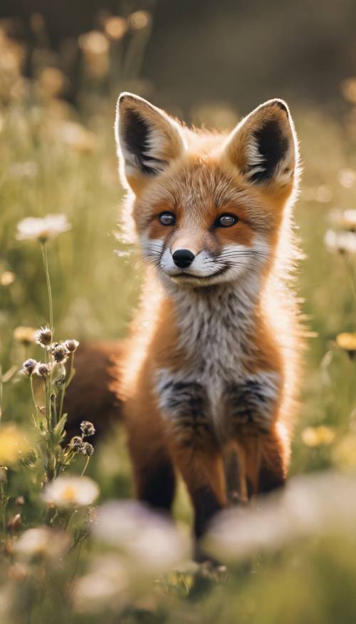 Un kit de renard roux ludique dans une prairie ensoleillée remplie de fleurs sauvages.