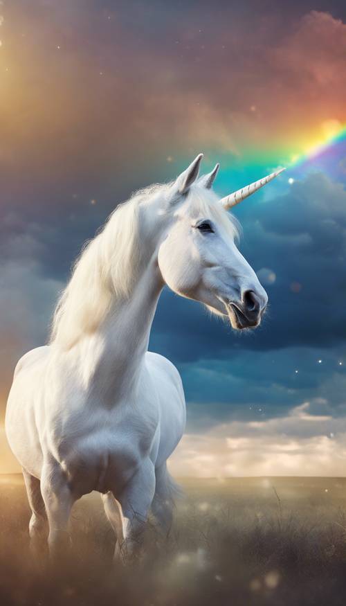 Seekor unicorn putih di kejauhan dengan pelangi biru cemerlang di atasnya.