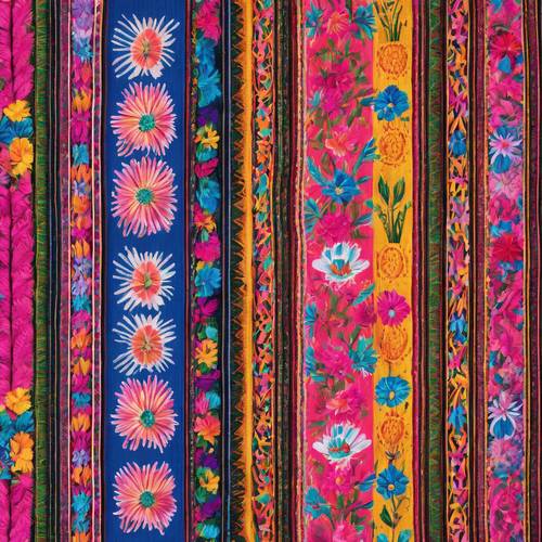 Oszałamiający obraz tradycyjnej meksykańskiej tkaniny utkanej z bujnym, rozległym kwiatowym wzorem w jasnych odcieniach różu, błękitu i żółci.