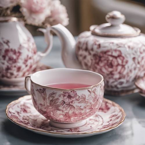 A porcelain tea set with intricate pink and white floral patterns sitting on a table for afternoon tea.
