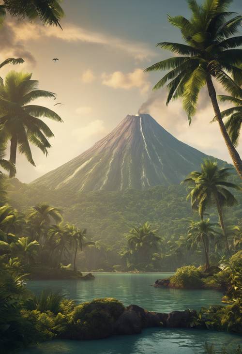 Остров, где до сих пор бродят динозавры, с густыми лесами, возвышающимся вулканом на заднем плане и птеродактилями в небе.