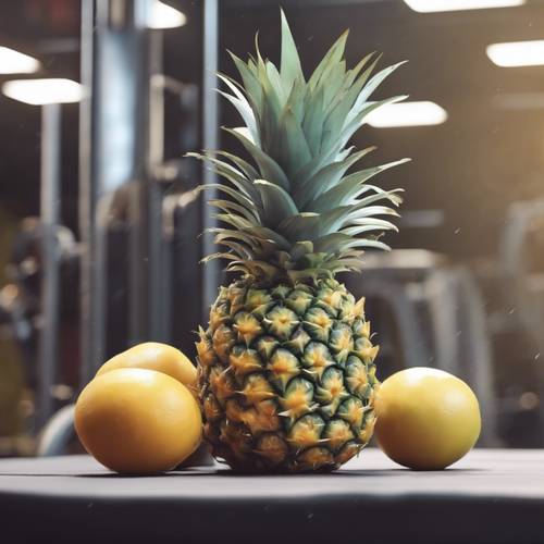 Ein Ananas-Fitnessstudio, in dem man mit Obst fit wird.