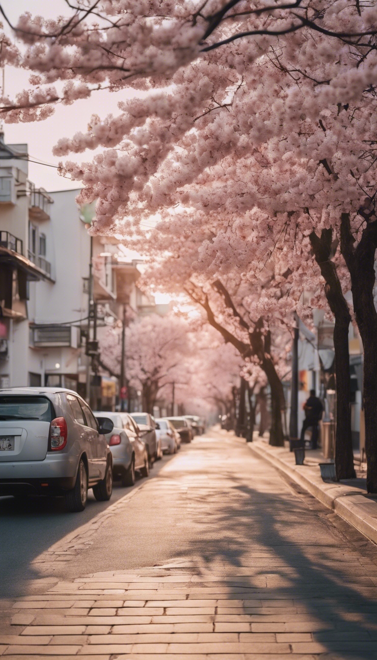 A lively city street at sunrise with white buildings and pink cherry blossoms lining the sidewalks. Tapet[3d26663b874547ff9cdf]