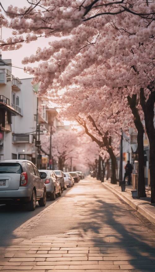 A lively city street at sunrise with white buildings and pink cherry blossoms lining the sidewalks.