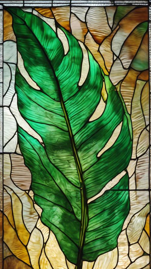 A translucent banana leaf imprinted on stained glass.