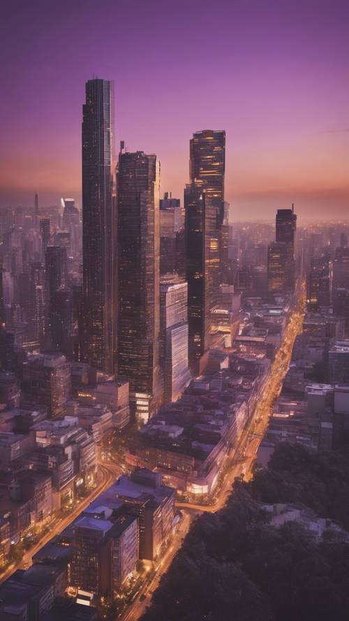 An aerial view of a bustling city at twilight, with the silhouette of skyscrapers against lavender-golden sky.
