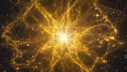 Gambar yang memvisualisasikan kelahiran sebuah bintang di galaksi kuning yang megah.