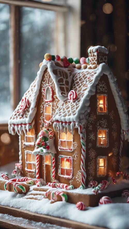 Una clásica casa de pan de jengibre adornada con bastones de caramelo y glaseado, ubicada en el alféizar nevado de una antigua cabaña con decoración navideña.