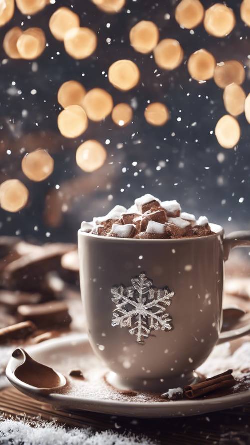 Eine Schneeflocke landet auf einer warmen Tasse heißer Schokolade.