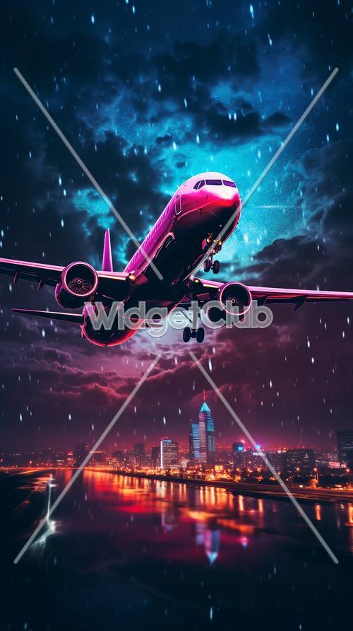 夜間飛越城市上空的紫色飛機