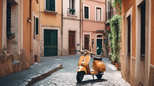 Sebuah jalanan menawan di Roma dengan Vespa yang terparkir rapi di luar rumah-rumah berwarna pastel.