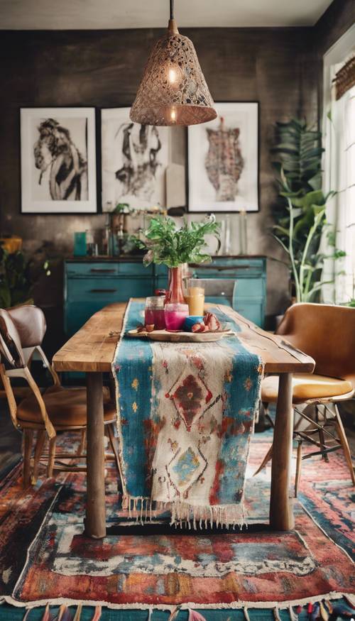 An eclectic modern boho dining room with a reclaimed wood table, mismatched chairs, and colorful kilim rugs. Tapeet [00f4d4c957da47179122]