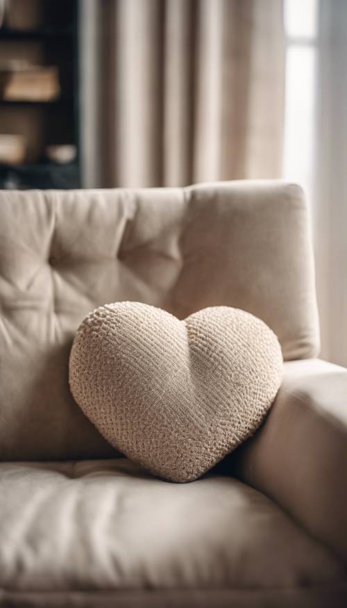 Uma almofada bege em forma de coração num sofá numa sala de estar acolhedora.