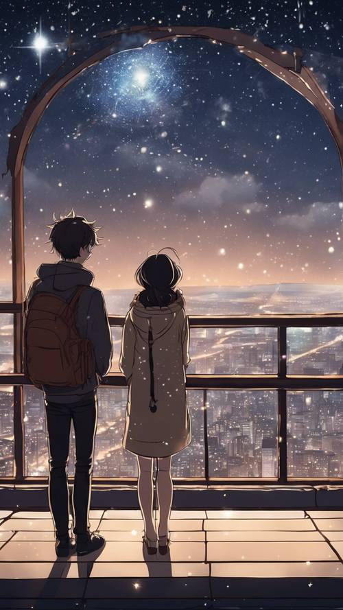 Yıldızlarla dolu gece gökyüzüne bakan bir şehir gözlemevinde romantik bir Noel randevusuna çıkan bir çiftin anime çizimi.