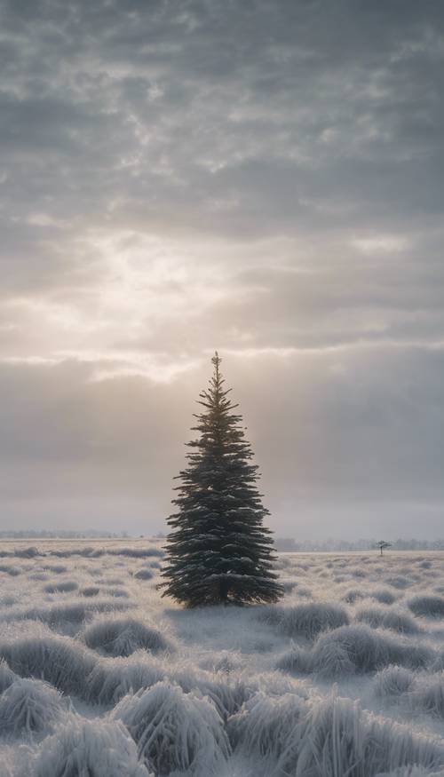 Una sombría mañana de Navidad; el sol intentando asomarse entre las densas nubes iluminando un pino solitario en medio de un campo helado.