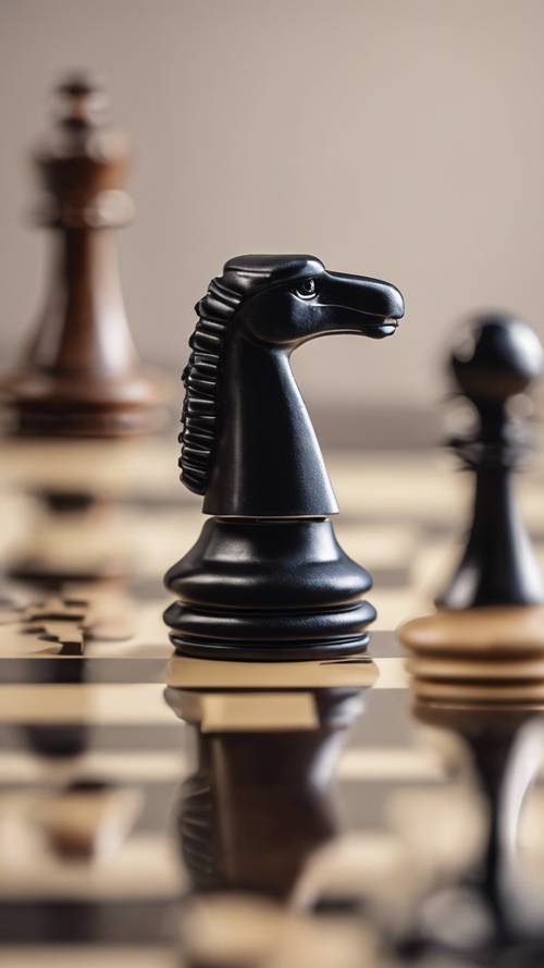 A rook chess piece, black in color, standing on a beige chessboard.