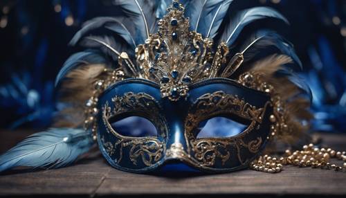 Dark blue carnival mask adorned with delicate feathers and jewels