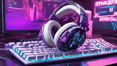 Purple and white themed gaming headset resting on the keyboard, with the screen displaying an action game.