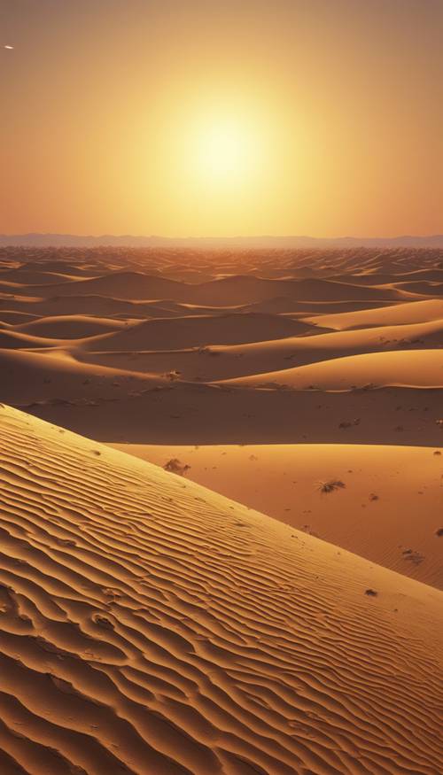 Matahari kuning besar terbenam di planet gurun asing yang jauh.