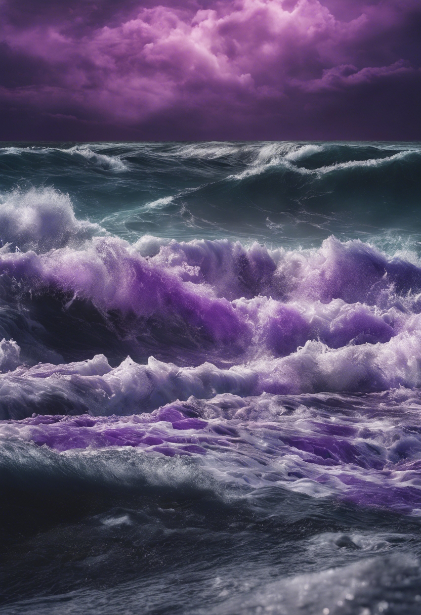 An abstract painting of waves crashing against the shore under a dramatic sky, using bold strokes of black and shades of purple.壁紙[048cbead7ee642d1b014]