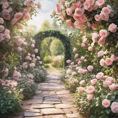 A tranquil watercolor scene of a garden path lined with blooming roses.