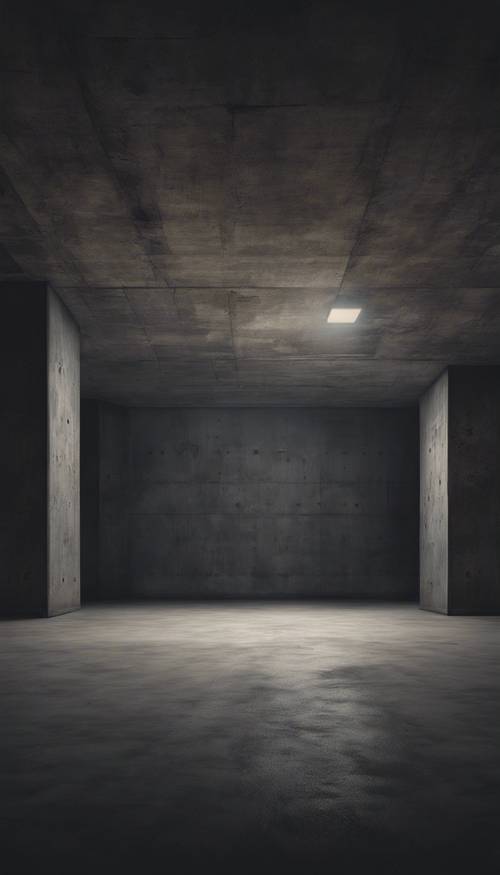 Uma sala vazia de concreto escuro com uma única luz fraca.