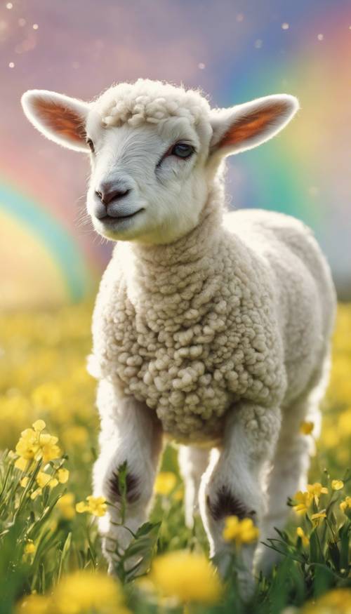 Um cartão postal com tema de primavera mostrando cordeiros brincando em campos de botões de ouro com um arco-íris no céu.