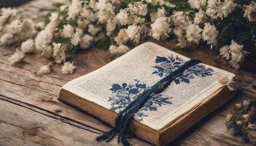 一本古老的、质朴的书，封面上有精致的海军蓝花卉图案，放在一张木桌上。