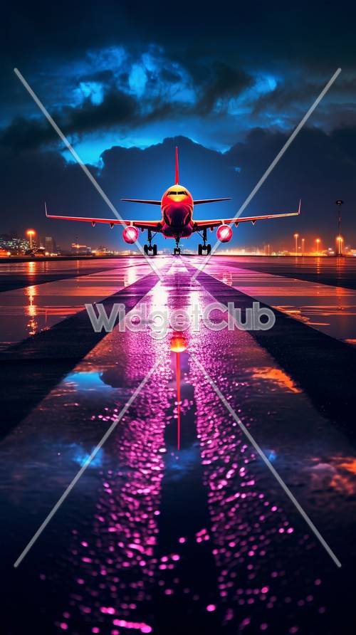 طائرة ملونة في الليل على مدرج ممطر
